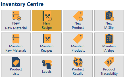 Inventory Centre screen with New Recipe tile highlighted.