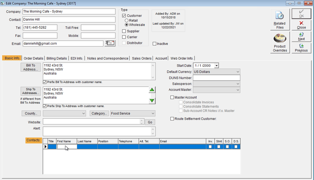 Add Customer Contacts for Bulk E-mailing Invoices and Statements