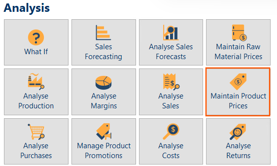 The Analysis Centre with the button Maintain Product Prices highlighted