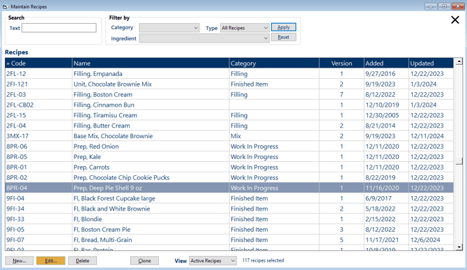 The "Maintain Recipes" screen with a recipe selected and the Edit button highlighted