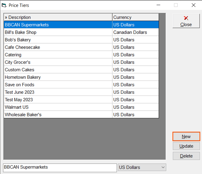 Price Tiers window with the New button highlighted