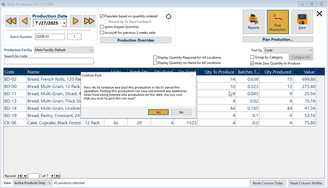 Confirmation dialog for posting production in FlexiBake with Yes button highlighted