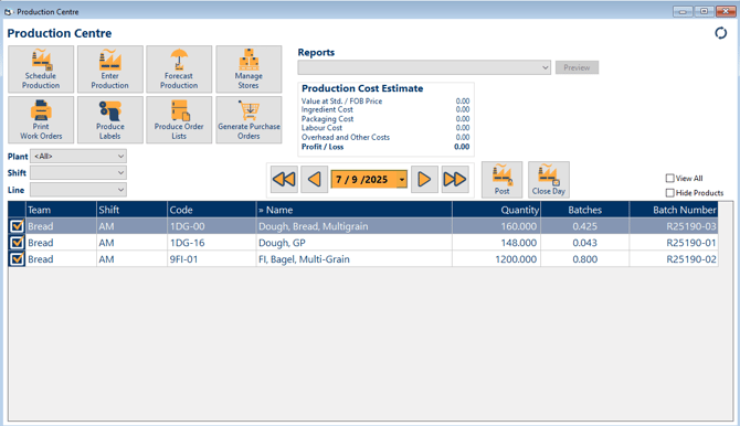 Production Centre in FlexiBake showing selected closed production date.