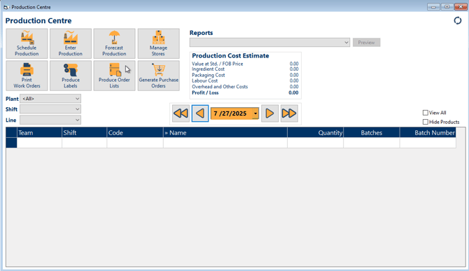 FlexiBake Production Centre showing the production date selector highlighted