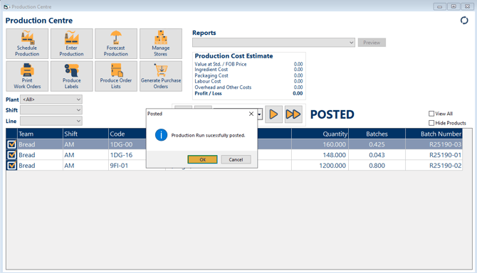 A popup window that says the production run was successfully posted with OK highlighted