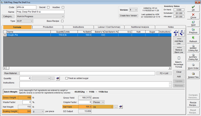 Editing a recipe and looking at the formula tab, specifically the batch weight area.