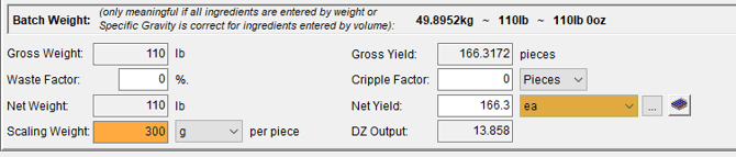 The batch weight with the scaling weight and net yield units highlighted