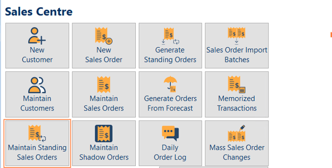 The sales center with Maintain Standing Sales orders highlighted