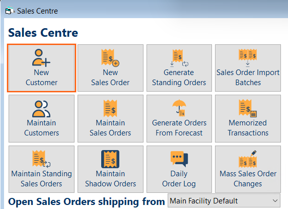 Sales Centre with ‘New Customer’ button highlighted