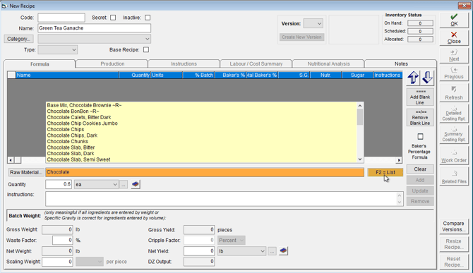 Recipe entry screen showing Raw Material field with ingredient selection list open.