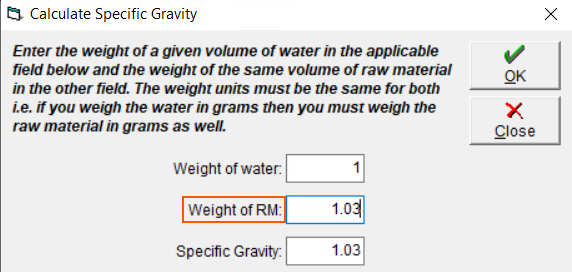 Entering the weight of raw material when calculating specific gravity