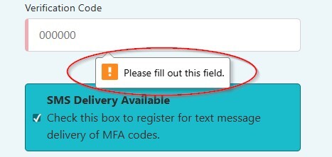 Error displayed if verification code is not entered