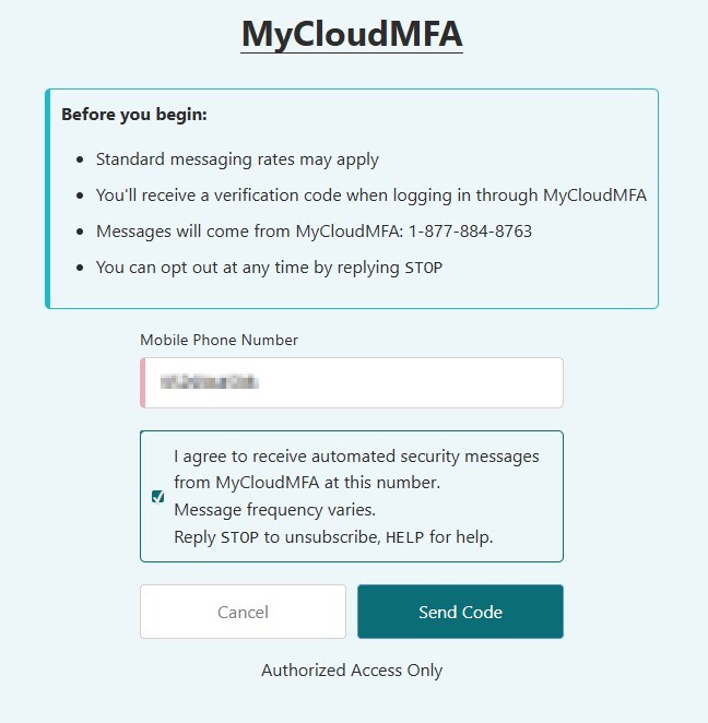 MFA SMS registration and regulatory notice screen